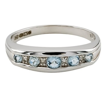 9ct white gold Aquamarine / Diamond half eternity Ring size R